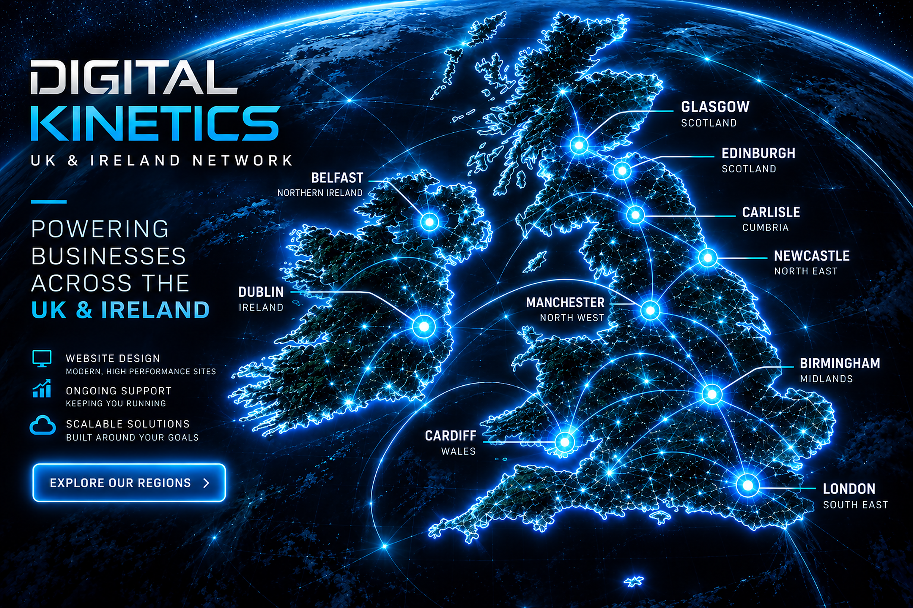 Digital Kinetics electric-blue UK and Ireland regional network map